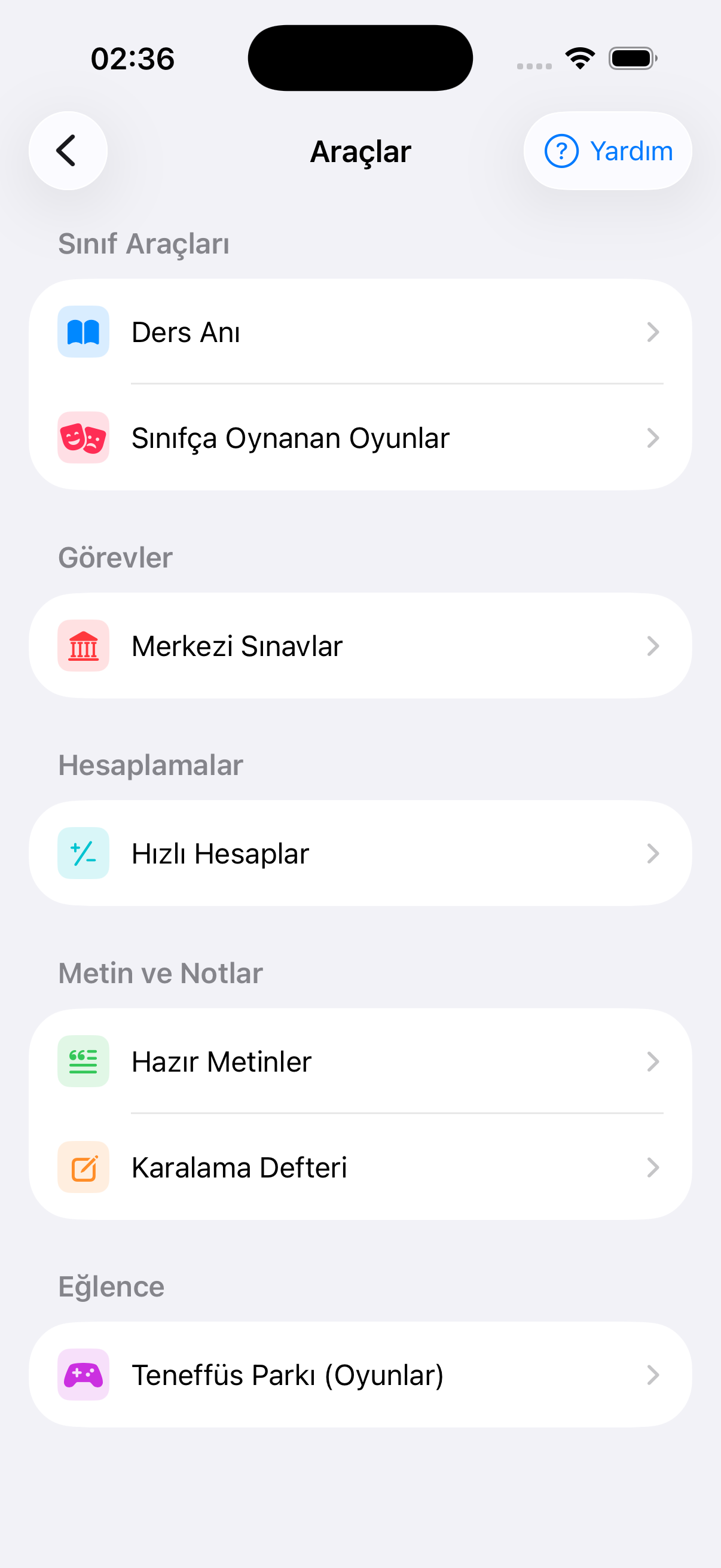 Araç-Gereçler ekranı
