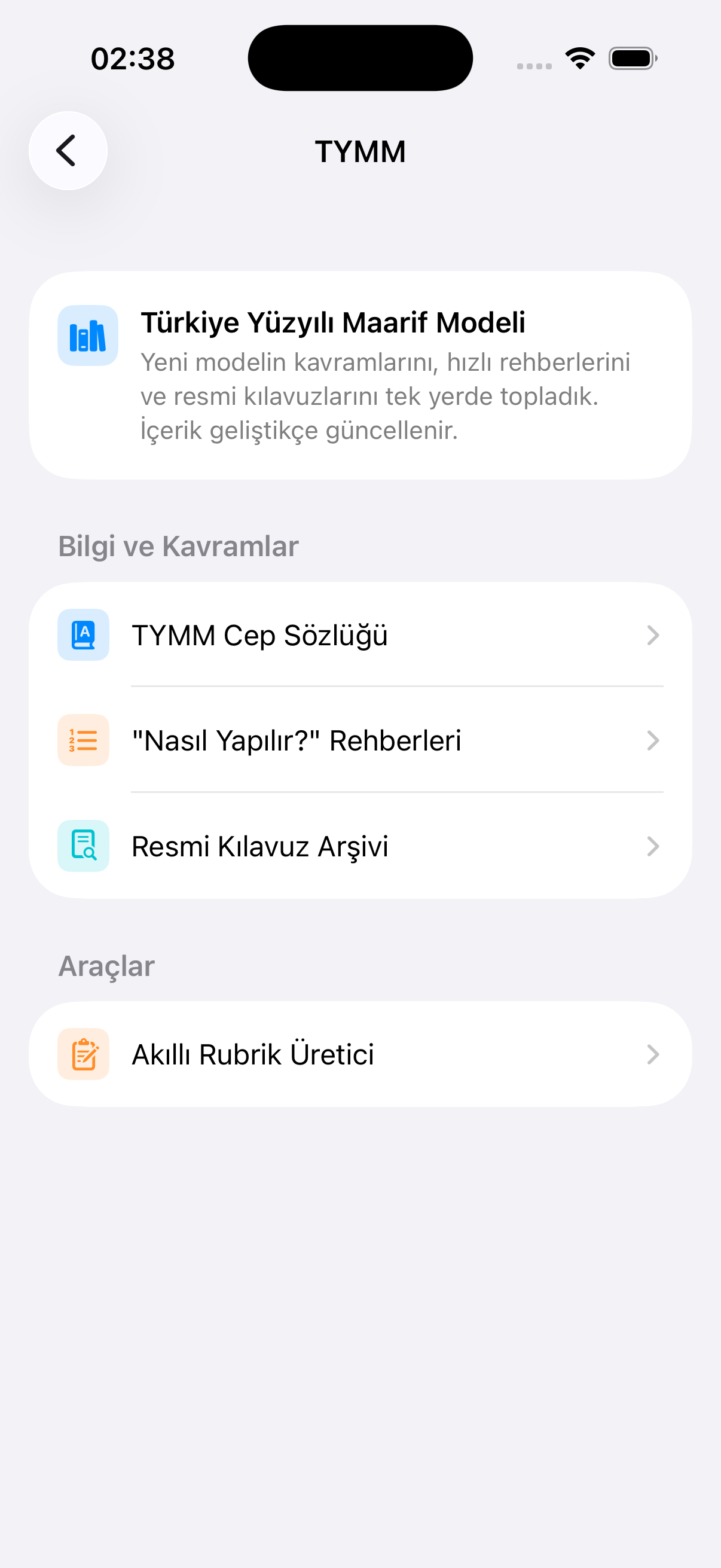 TYMM Kılavuzu ekranı